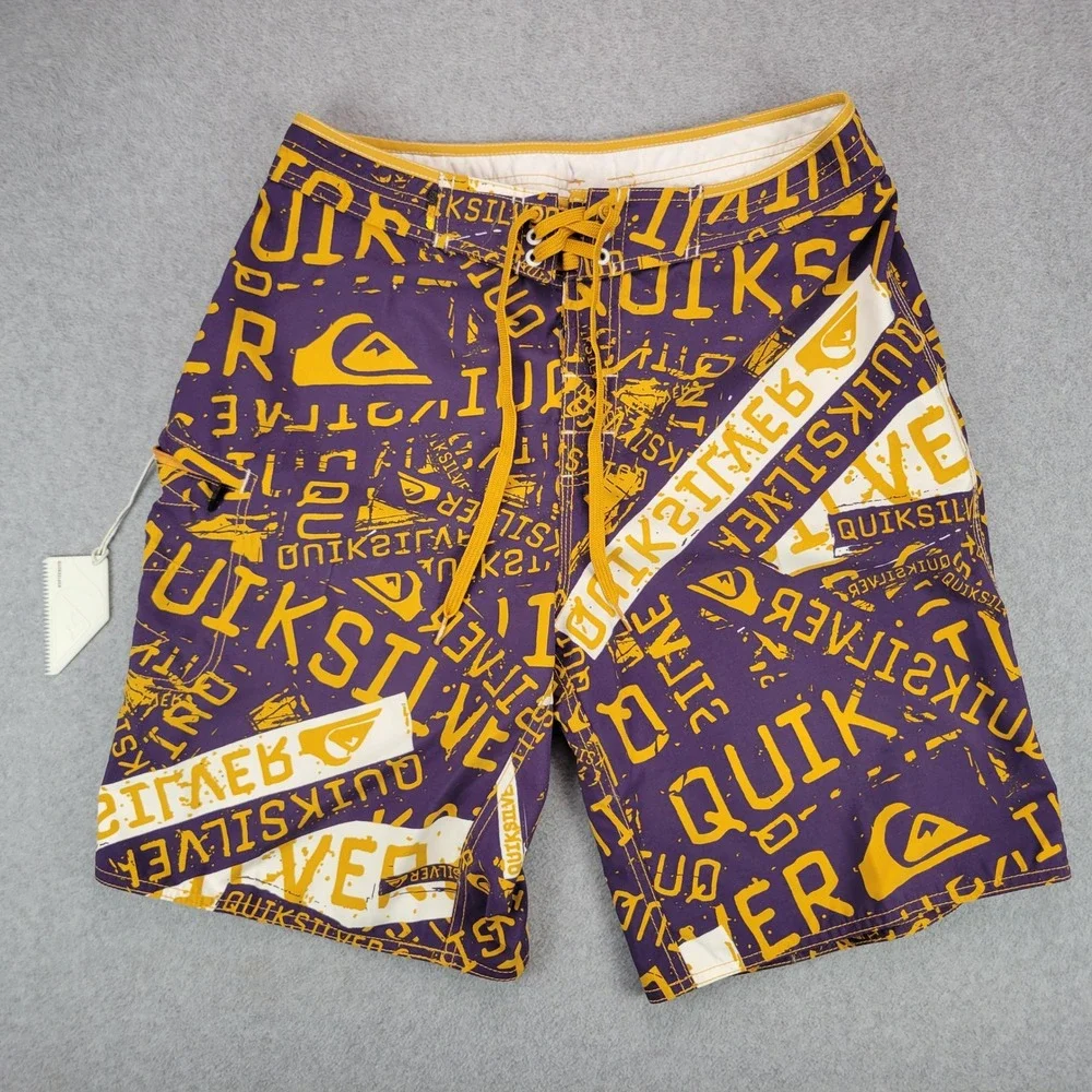 Quiksilver Board Shorts Men 32 Purple Yellow Y2K Logo Print Surf Trunks Q101012